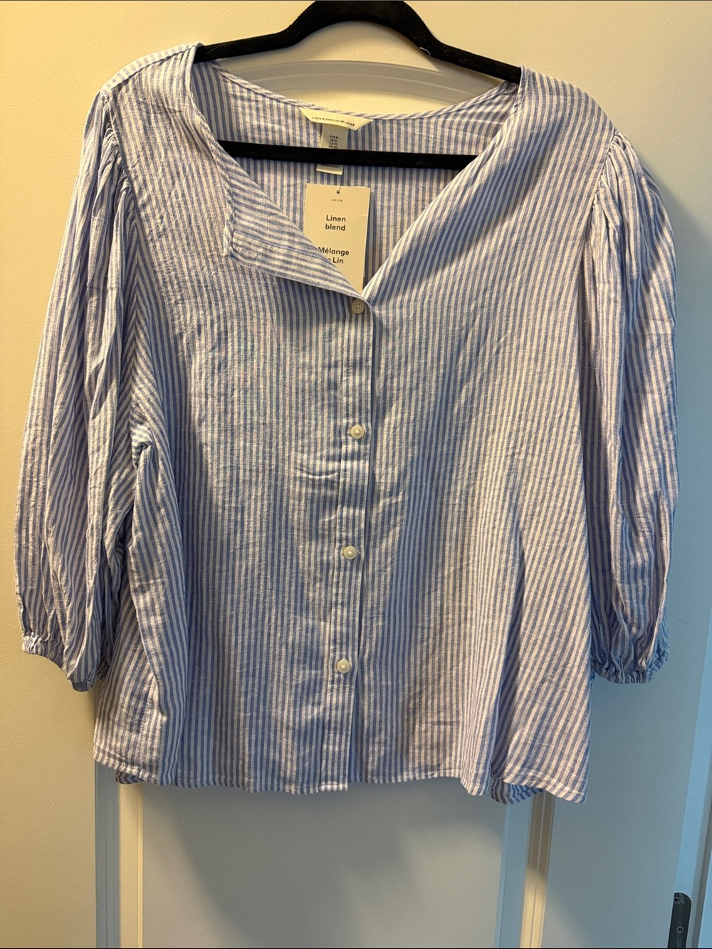 Women's Blue and White Striped Linen-Blend Button Front Top